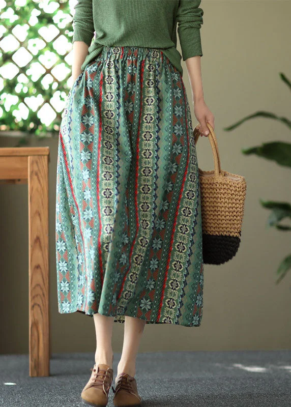 Green Pockets Print Linen Skirts High Waist Summer vintage skirt charm