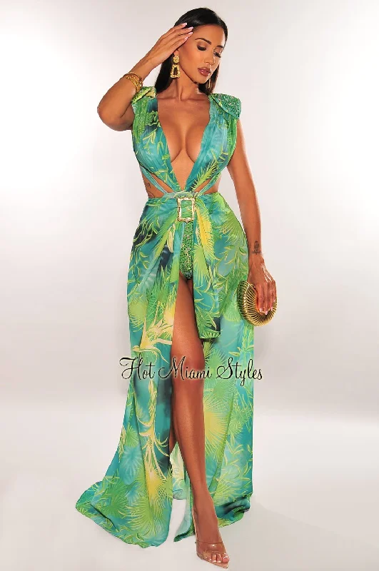 Green Tropical Print Plunge Studded Maxi Skirt Two Piece Set denim skirt classic