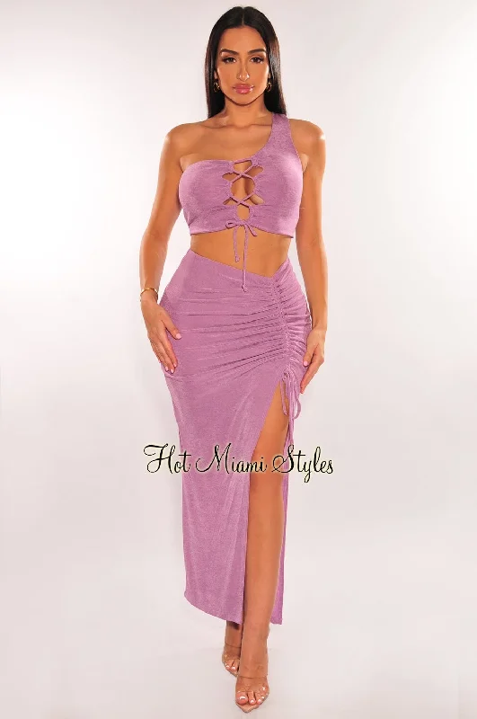 Lavender One Shoulder Lace Up Slit Skirt Two Piece Set wool skirt thick