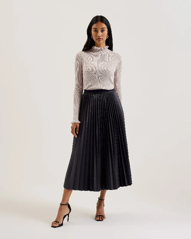 Liydah Faux Leather Pleated Skirt Navy high slit skirt