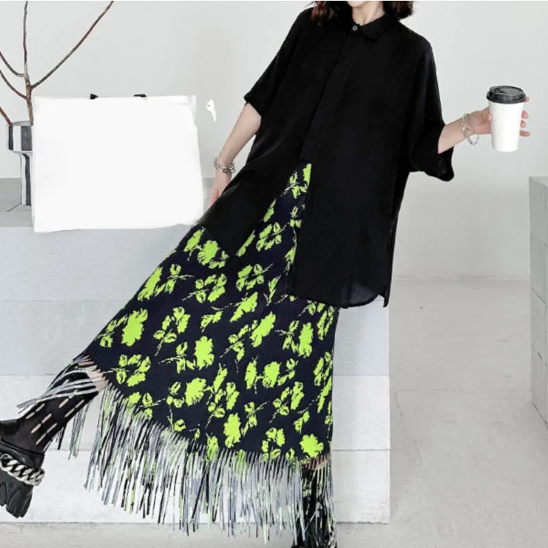 Loose Peated Printed Fringe Skirt lace skirt elegant