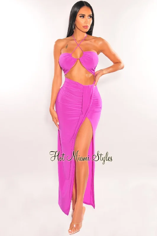 Magenta Halter Keyhole Knotted Slit Skirt Two Piece Set denim skirt fashionable