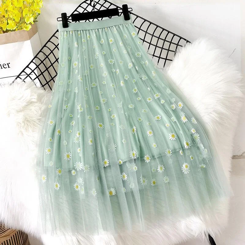 Mesh Skirt, Small Daisy Floral High Waist Thin A-line Skirt 3-layer Mid-length Pleated Skirt Large Skirt Ladies Mesh Skirt Print Decoration velvet skirt luxurious