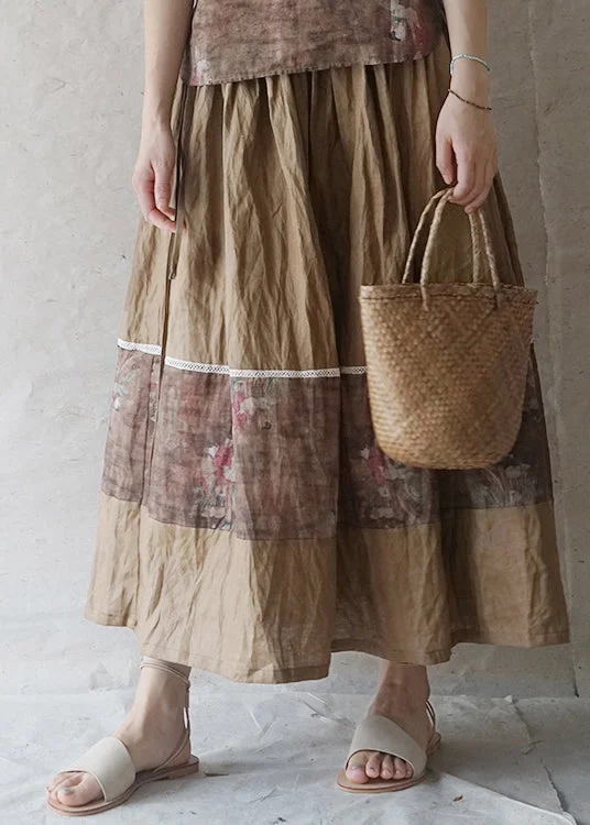 Natural Green elastic waist drawstring print Patchwork Linen Skirt Spring cashmere skirt rich