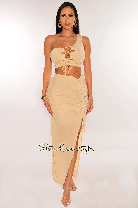 Nude Shimmery One Shoulder Lace Up Slit Skirt Two Piece Set lace skirt elegant
