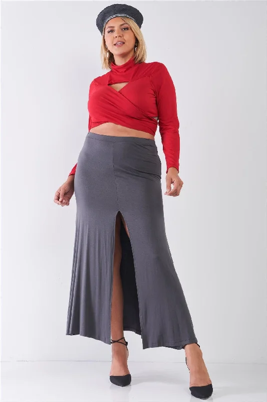 Plus Size Charcoal Basic Front Slit Maxi Skirt lightweight skirt design