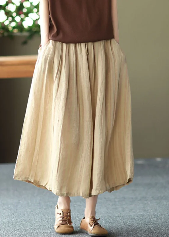 Plus Size Khaki Drawstring Pockets Linen A Line Skirts Summer chiffon skirt flowing