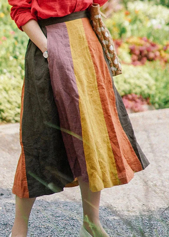 Plus Size Orange elastic waist Patchwork Linen A Line Skirt Spring corduroy skirt durable