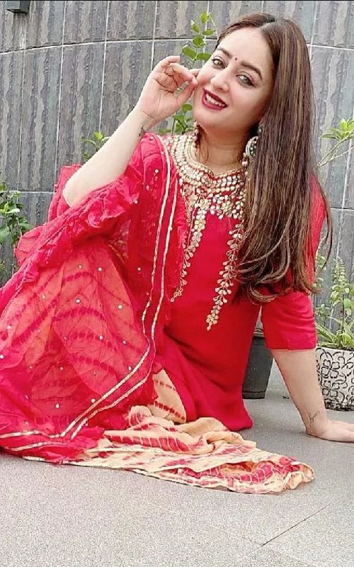 Mahi Vij Red Gota Patti Kurta and Shibori Skirt Set with Ruffle Chiffon Dupatta denim skirt classic