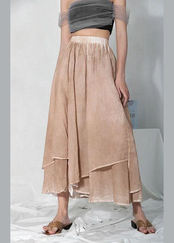 Simple Khaki Elastic Waist Asymmetrical design Skirt Cotton Linen wool skirt breathable