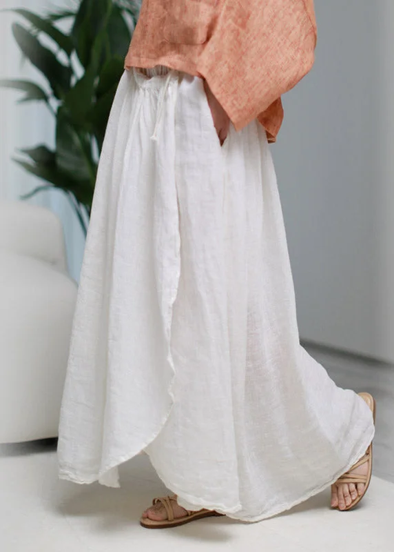 Stylish White Asymmetrical Pockets wrinkled Tie Waist Linen Skirt Summer silk skirt lustrous Stylish White Asymmetrical Pockets wrinkled Tie Waist Linen Skirt Summer silk skirt lustrous