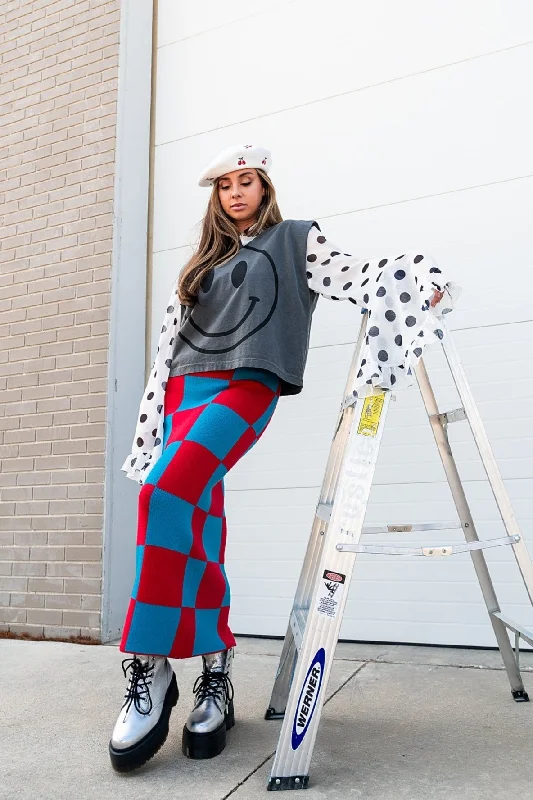 To The Stars Knit Skirt in Red + Blue Checkerboard floral skirt print