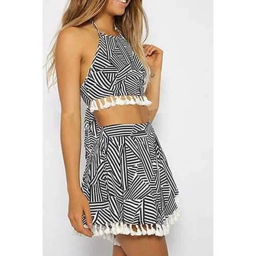 Stylish Halter Stripes Spliced Crop Top and Skirt Women's Suit - White And Black Xl velvet skirt plush