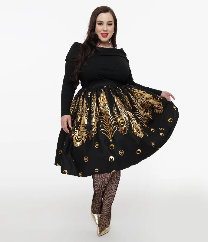 Unique Vintage Plus Size 1950s Black & Gold Foil Feather Gellar Swing Skirt leather skirt bold