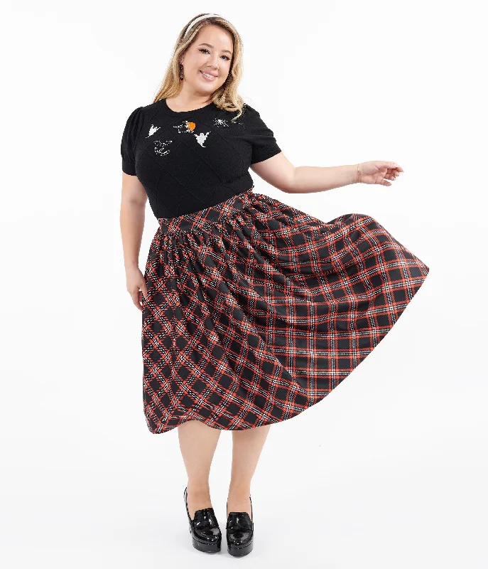 Unique Vintage Plus Size 1950s Black & Orange Plaid Gellar Swing Skirt flowy skirt hem