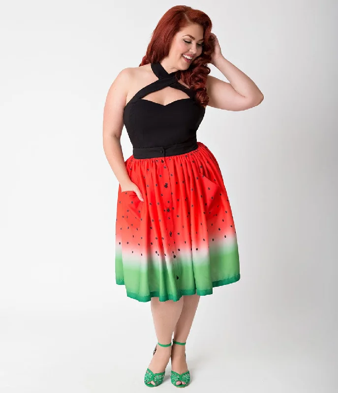 Unique Vintage Plus Size Watermelon Ombre Button Up Elora Swing Skirt spandex blend skirt