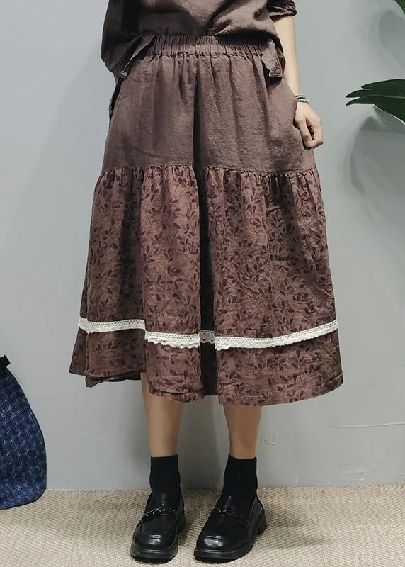 Vintage Chocolate elastic waist Lace Patchwork Print Linen A Line Skirts Summer leather skirt bold