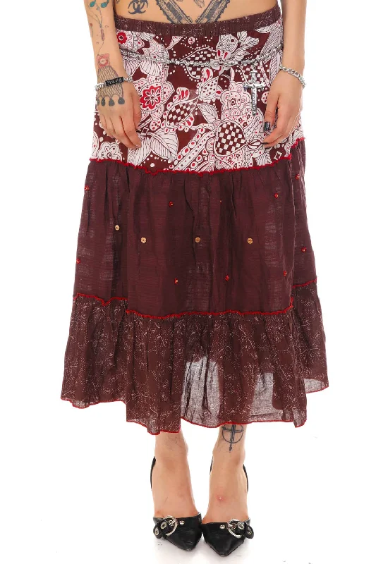 Vintage Y2K Brown Floral Tiered Midi Skirt - M/L ruffled skirt detail