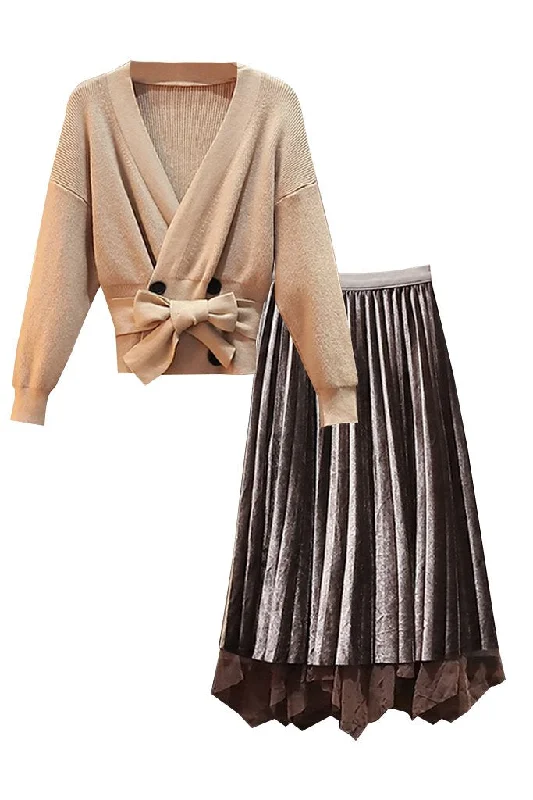 Felicia Beige Batwing Top and Gray Mesh Skirt Set asymmetrical skirt cut