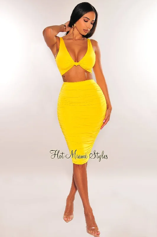 Yellow Sleeveless Knotted Ruched Skirt Two Piece Set zip skirt side