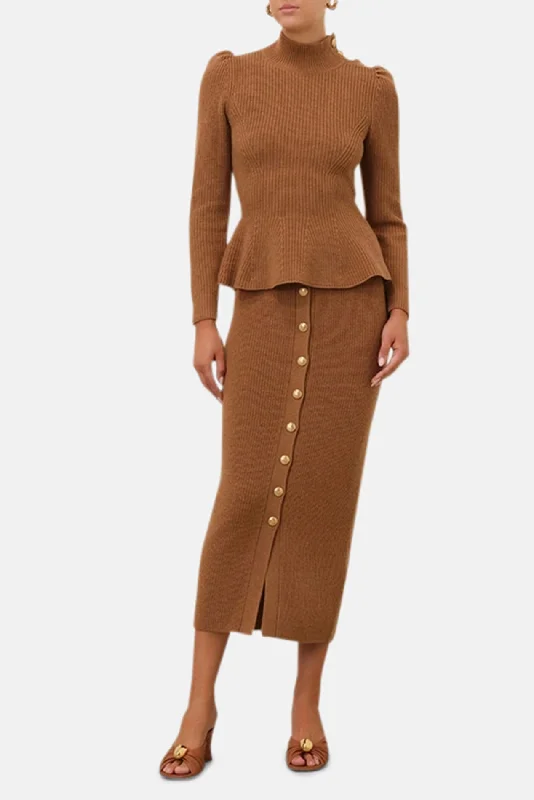 Crush Buttoned Tube Midi Skirt Tan chiffon skirt floaty